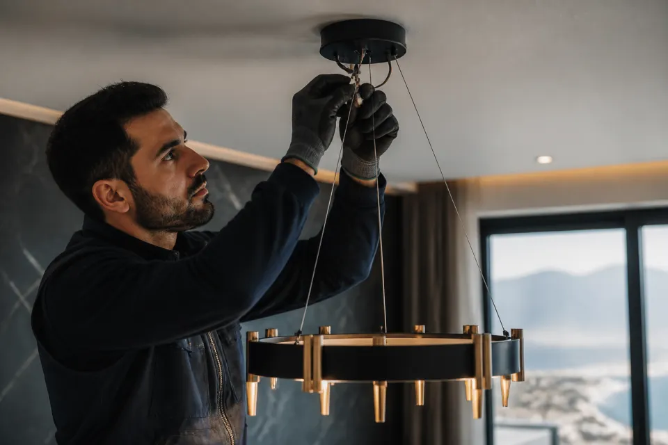 Modern bir avizeyi tavana güvenli biçimde monte eden elektrikçi