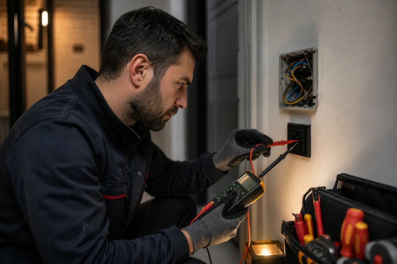 Kepez elektrikçi hizmeti için priz hattındaki elektrik arızasını ölçüm cihazıyla kontrol eden elektrikçi