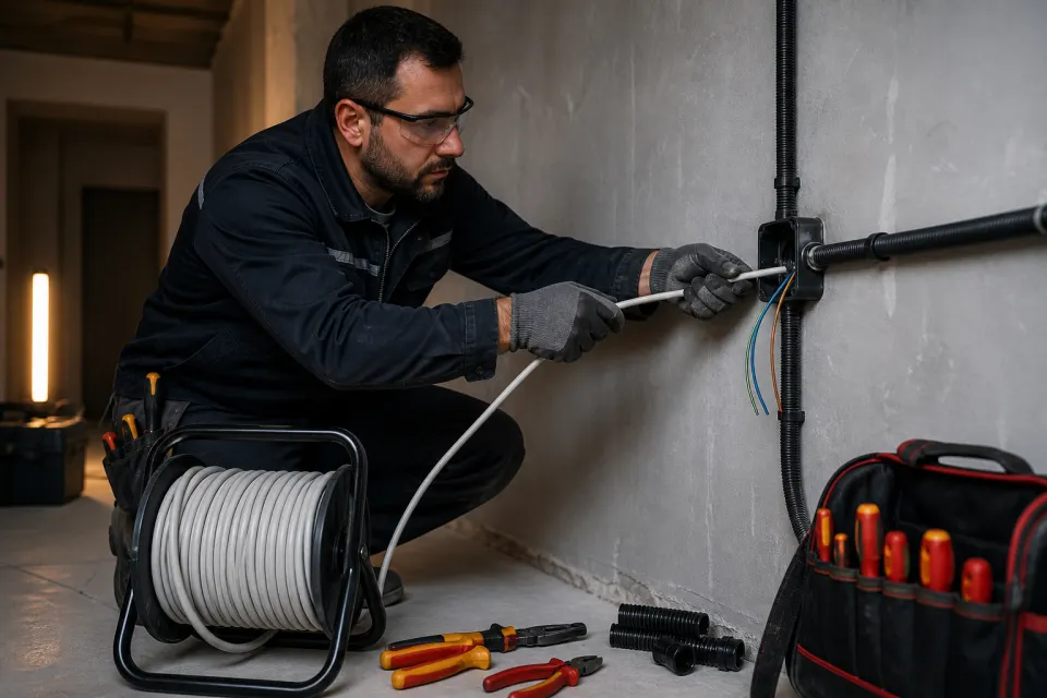 Koruyucu boru içinden yeni elektrik kablosu geçiren teknisyen