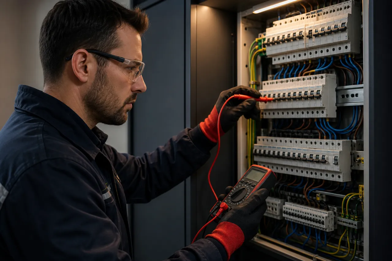Düzenli bir elektrik panosunda ölçüm ve bakım yapan teknisyen