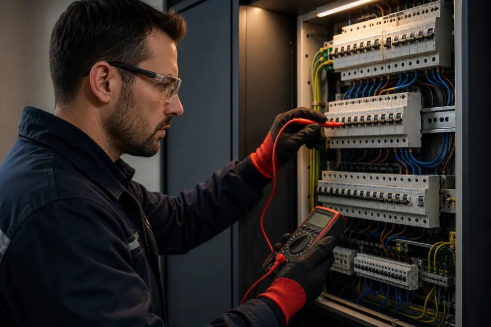 Düzenli bir elektrik panosunda ölçüm ve bakım yapan teknisyen
