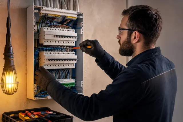 Elektrik panosunun kablo ve koruma elemanlarını revize eden teknisyen