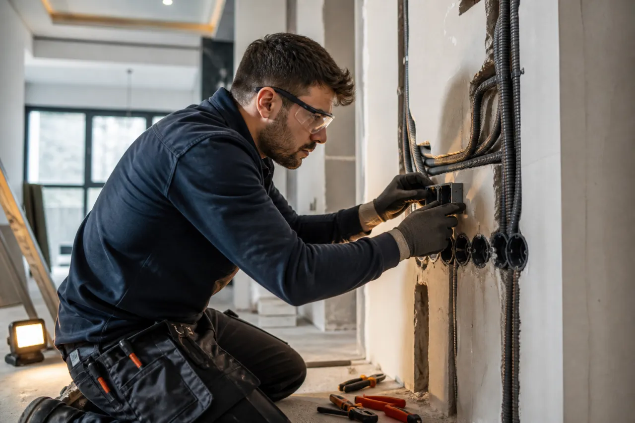 Tadilat alanında yeni elektrik kablosu ve boru hattı uygulayan usta