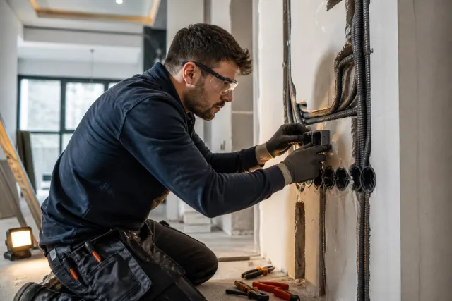 Tadilat alanında yeni elektrik kablosu ve boru hattı uygulayan usta
