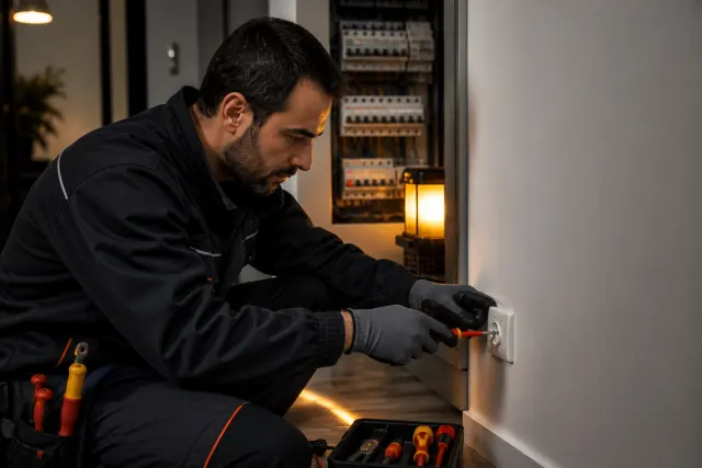 Konut priz bağlantısını kontrol eden profesyonel elektrikçi