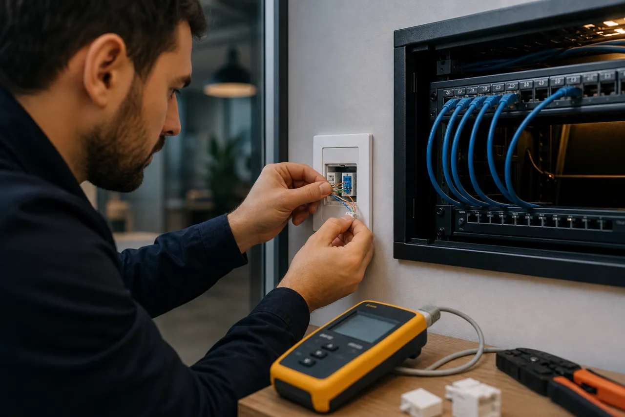 Cat6 internet kablosunu data prizi ve ağ panelinde sonlandıran teknisyen