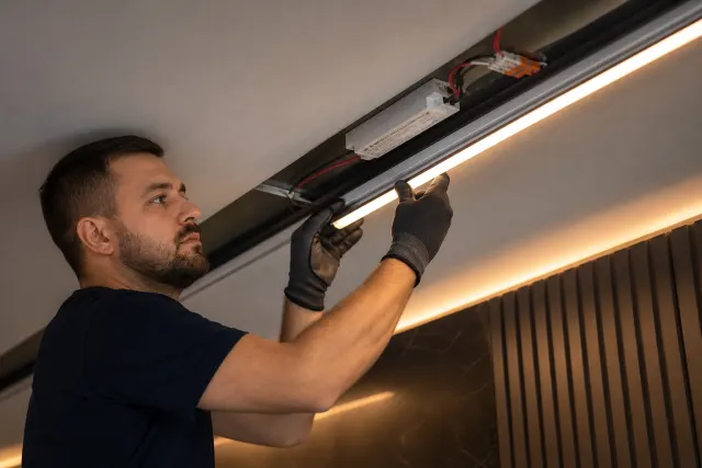 İç mekânda lineer LED aydınlatma profili monte eden elektrikçi