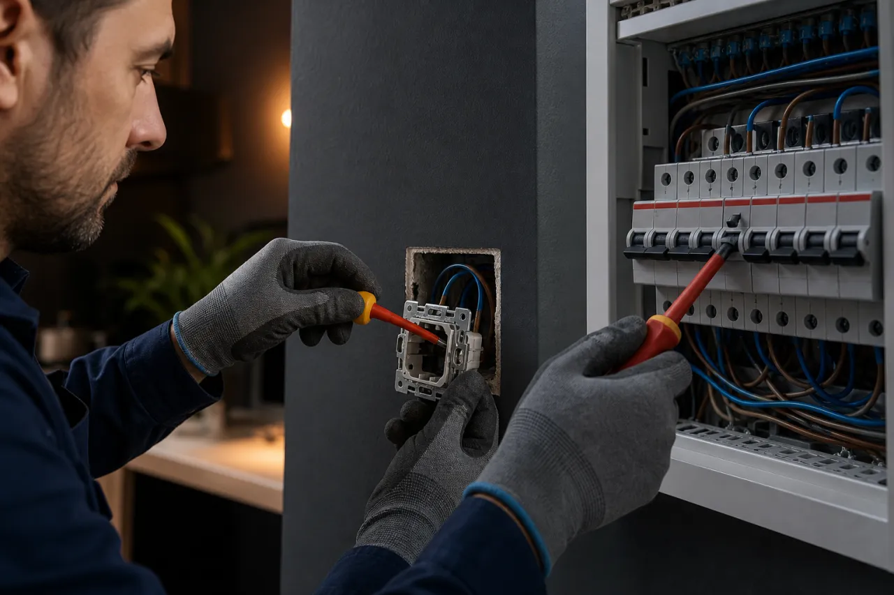 Priz ve sigorta bileşenlerini kontrollü biçimde yenileyen elektrikçi