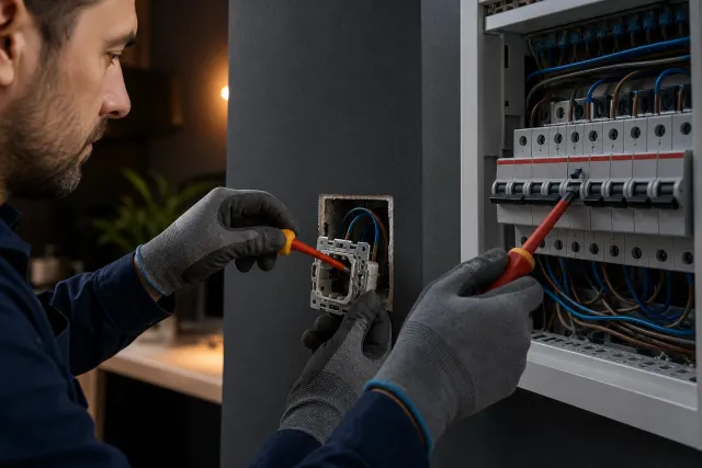 Priz ve sigorta bileşenlerini kontrollü biçimde yenileyen elektrikçi