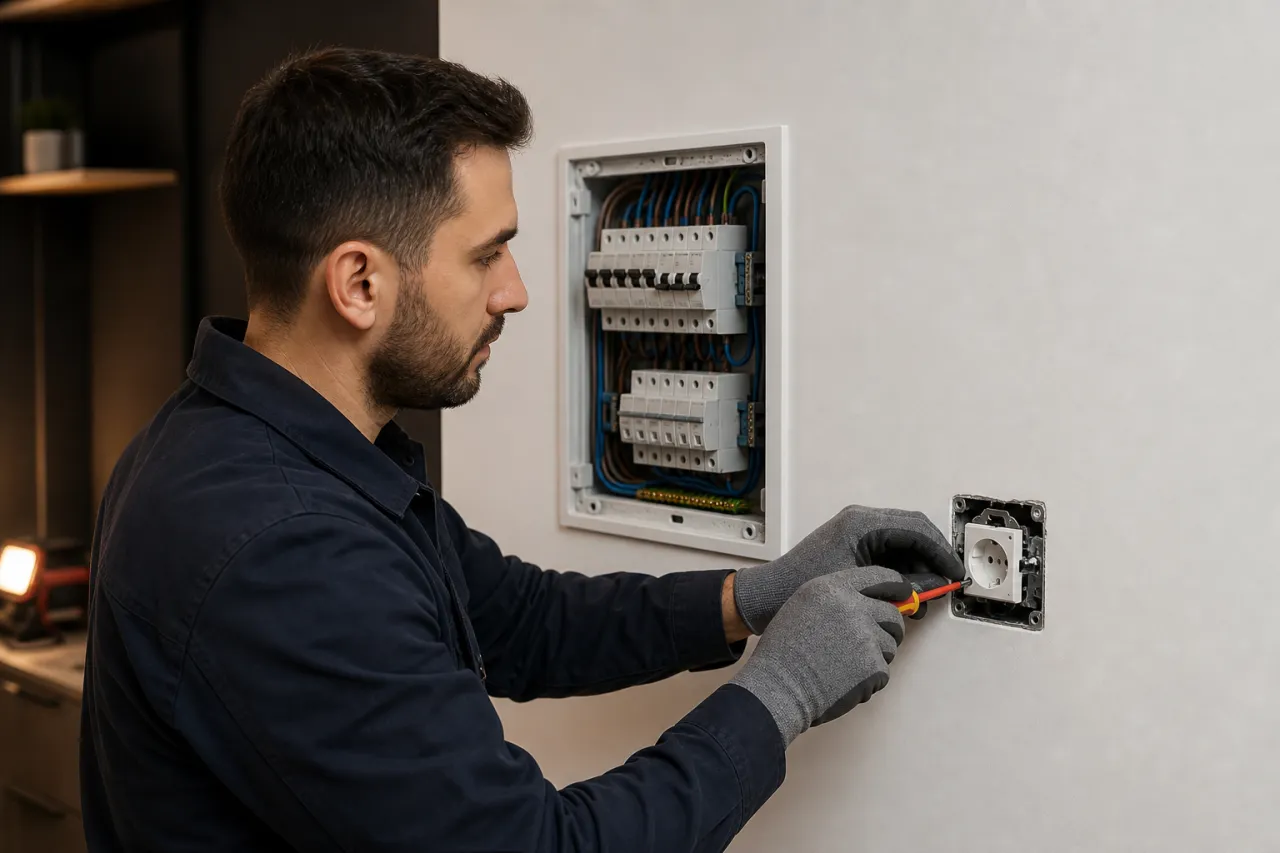 Yeni priz ve kompakt sigorta kutusu montajı yapan elektrik ustası