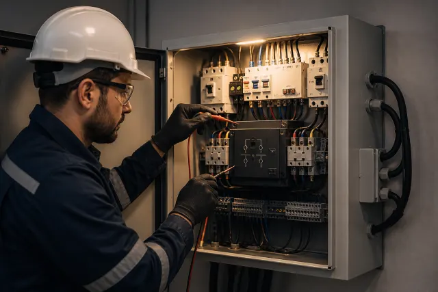 Otomatik transfer panosunun bağlantılarını kontrol eden elektrikçi