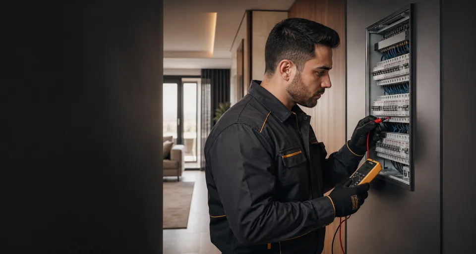Elektrik panosunda ölçüm yapan Sivari Elektrik teknisyeni